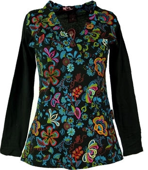 Guru-Shop Langarmshirt Flower Power Schwarz bunt