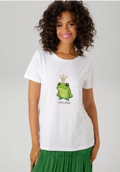 Aniston T-Shirt Frosch und glitzernder Krone weiß grün moosgrün neongrün schwarz goldfarben
