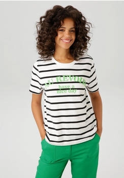 Aniston T-Shirt Streifendessin Statement wollweiß schwarz apfelgrün