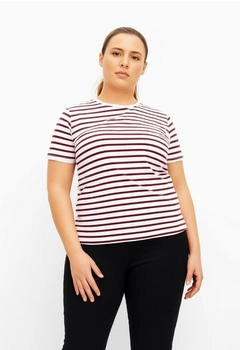Only Kurzarmshirt 'CARNEW SOPH SS Y D STRIPE JEANS TEE JRS' cloud dancer ruby wine
