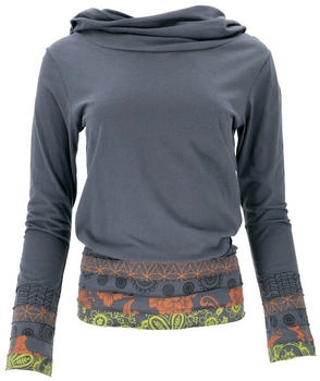 Guru-Shop Longsleeve Kapuzenshirt Boho Patchwork Shirt taubengrau