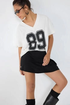 No Matter What V-Ausschnitt Bedrucktes Oversized Baumwoll-T-Shirt