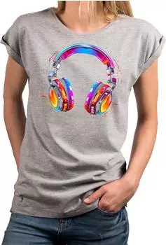 MAKAYA Shirt mit Kopfhörer Aufdruck Musik Motiv (DTU_442_4_XXXL) hellgrau