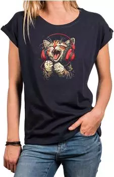 MAKAYA Katzenshirt mit Kopfhörern Oversize blau