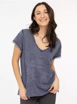 Zwillingsherz Positive Mind T-Shirt V-Ausschnitt Used Look ausgefranste Kanten (75018815) navy