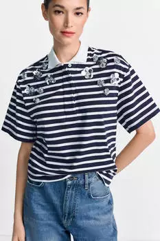 Rich & Royal Poloshirt mit Blumenapplikationen, Gerade Form navy/silber/weiß