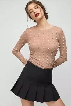 No Matter What Shirt mit Ziersteinen und Perlen, schmale Passform beige