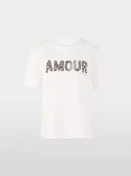 Marc Cain Baumwoll-T-Shirt mit Glitzermotiv weiß