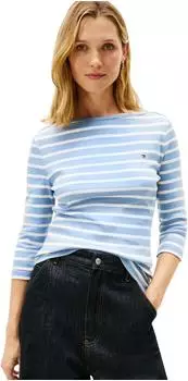 Tommy Hilfiger Boat Neck Three-Quarter Sleeve T-Shirt (WW0WW40589) Clear Water/ecru