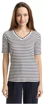 Tom Tailor T-Shirt mit V-Ausschnitt (29625554) sanftes weiß/navy blau stripe