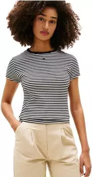 Tommy Hilfiger Ribbed Slim Crew Neck T-Shirt (DW0DW17383) schwarz/ecru stripe