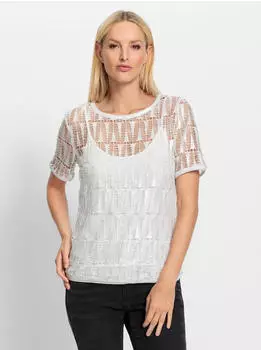 Heine Spitzenshirt Kurzarmshirt (84771936) ecru/silberfarben/meliert