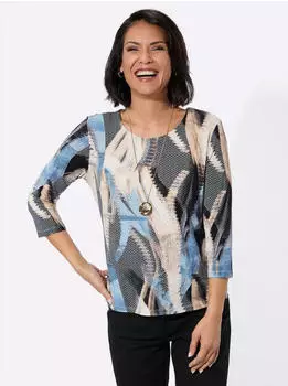 Witt Weiden Rundhals-Shirt mittelblau-camel-bedruckt