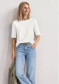 Street One Frauen Basic T-Shirt mit Rundhals in Unifarbe in Weiß Gr: (A32564710108)