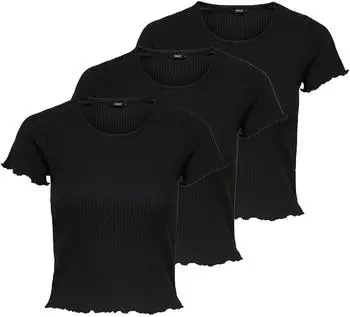 Only ONLEMMA SHORT TOP T-Shirt 3er-Pack, Rundhals, Cropped, Gerippt schwarz