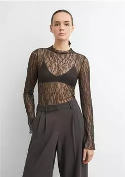Comma Spitzen-Langarmshirt mit Trompetenärmeln braun 2188161.8940.