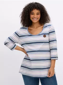 Sheego Ringelshirt mit Zierknopfleiste (225811) ecru-rauchblau-geringelt
