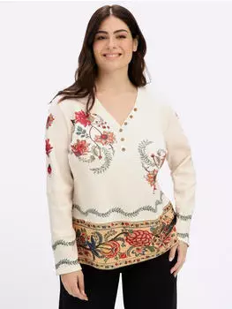 Sheego Langarmshirt mit Blumendruck und Holzkn&ouml;pfen (225756) champagner-rostrot-bedruckt