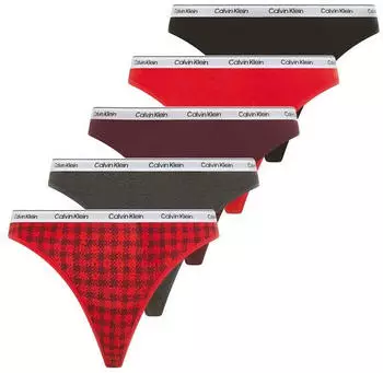 Calvin Klein Icon Logo 5er-Pack Tangas in Schwarz/Grau/Burgunderrot/Schottenkaro-Rot mit Markenlogo-Bunt (000QD5221E323)