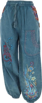 Guru-Shop Pluderhose Breitem Bund Blumenstickerei jeansblau