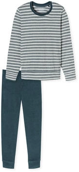Schiesser Schlafanzug lang Frottee B&uuml;ndchen Ringel jeansblau - Casual Essentials (181968)