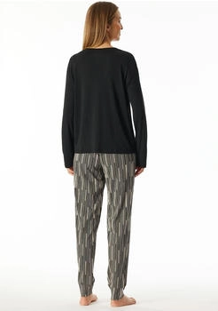 Schiesser Schlafanzug lang Interlock Bündchen Ginkgo schwarz Modern Nightwear (183066-000)