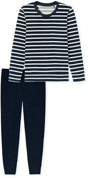 Schiesser Schlafanzug lang Frottee B&uuml;ndchen Ringel nachtblau Casual Essentials (181968-804)