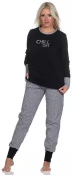 Normann Damen Schlafanzug Langarm mit Bündchen (12320190100) schwarz