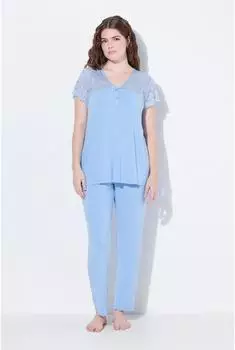 Ulla Popken Pyjama mit Spitze und V-Ausschnitt, 2-teilig (838139) himmelblau