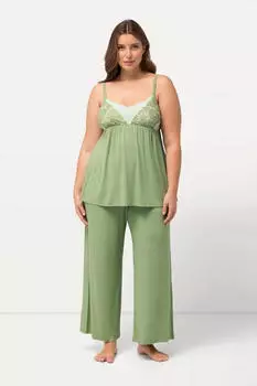 Ulla Popken Jumpsuit Spitzenband V-Ausschnitt ärmellos (820618) pastellgrün