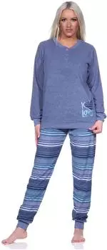 Normann Terry Cloth Pyjama Langarm mit Bündchen, gestreifte Hose (222 201 93 236) blau-melange