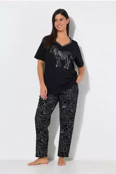 Ulla Popken Pyjama Leomuster V-Ausschnitt Halbarm (835013) schwarz