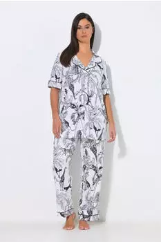 Ulla Popken Pyjama Leo Pattern V-Neck Halbarm (850441) offwhite