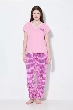 Ulla Popken Pyjama Leo Muster V-Ausschnitt Halbarm (835013) rosa