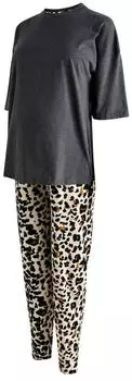 Next Fashion Damen Pyjama Lockere Passform 2-teilig hellbeige/braun/dunkelgrau/schwarz