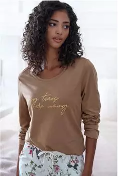 Lascana Pyjama Oberteil mit Folienprint (10062646) braun/gold