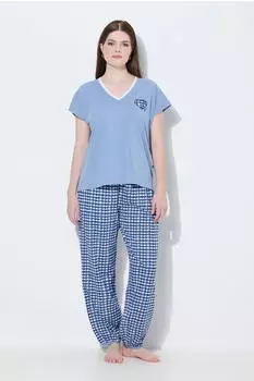 Ulla Popken Pyjama Leomuster V-Ausschnitt Halbarm (835013) frostblau