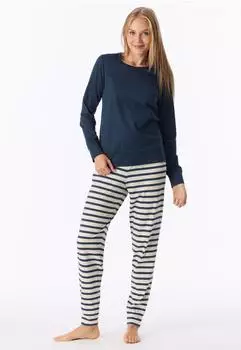 Schiesser Schlafanzug lang Bündchen Ringel deep blue - Casual Essentials (181746-860)