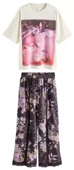 Next Fashion Damen Pyjama Lockere Passform 2-teilig (H4297116) ecru/oliv/dunkellila/rosa