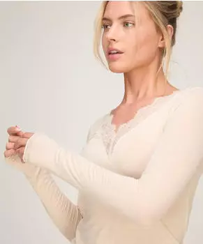 Hunkemöller Spitzen-Shirt mit V-Ausschnitt und Kaschmir super soft weiß