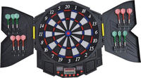 ELEKTRONISCHE Dartscheibe Dartboard mit T&uuml;r inkl. 4 LED 216 Spiele 12 Pfeile