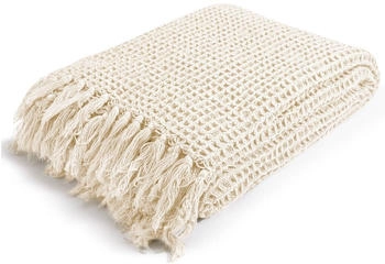 mokebo Decke ‘Die Hyggelige’ mit Waffelpique im Stonewashed Look 130x170 cm Grob gehäkelt in Creme