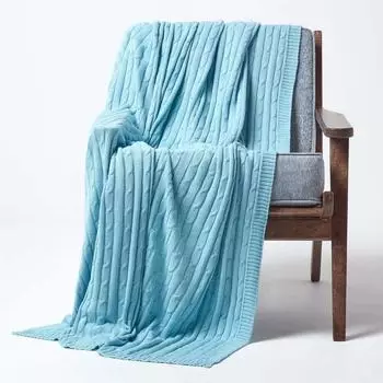 Homescapes Strickdecke mit Zopfmuster, Baumwolle, hellblau, 130x170cm