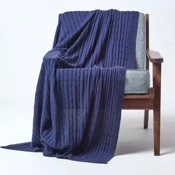 Homescapes Strickdecke mit Zopfmuster, Baumwolle, marineblau, 130x170cm (SF1378A)