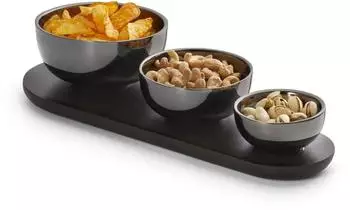 Philippi Trio Schalen-Set 3-teilig, doppelwandiger Edelstahl, Mangoholz-Tablett
