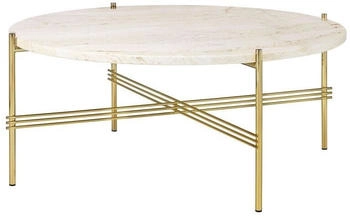 Gubi TS Round Beistelltisch Natural white travertine Ø80 cm Gestell aus Messing