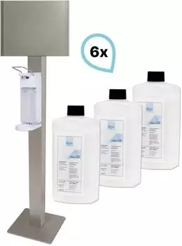 Blanc Hygienic SET: Armhebelspender Blanc UNIVERSAL + Bodenst&auml;nder Edelstahl mit Infotafel + H&auml;ndedesinfektion 6 Flaschen &agrave; 500 ml
