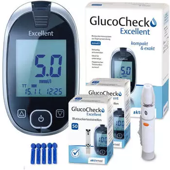 Aktivmed GlucoCheck Excellent Starter-Set mmol/l mit 110 Blutzuckerteststreifen