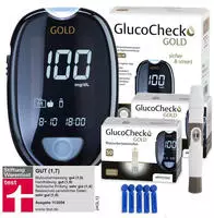 GlucoCheck GOLD Set (mg/dl) zur Kontrolle des Blutzuckers mit 110 Teststreifen 1 St