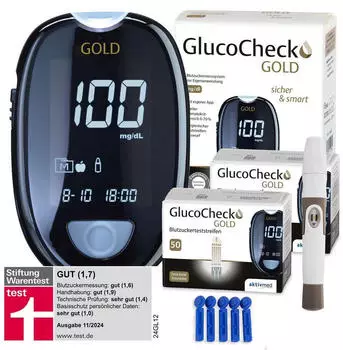 Aktivmed GlucoCheck GOLD Blutzuckermessger&auml;t (mg/dl) + 110 Blutzuckerteststreifen, 10 Lanzetten, 1 Stechhilfe, 1 Etui
